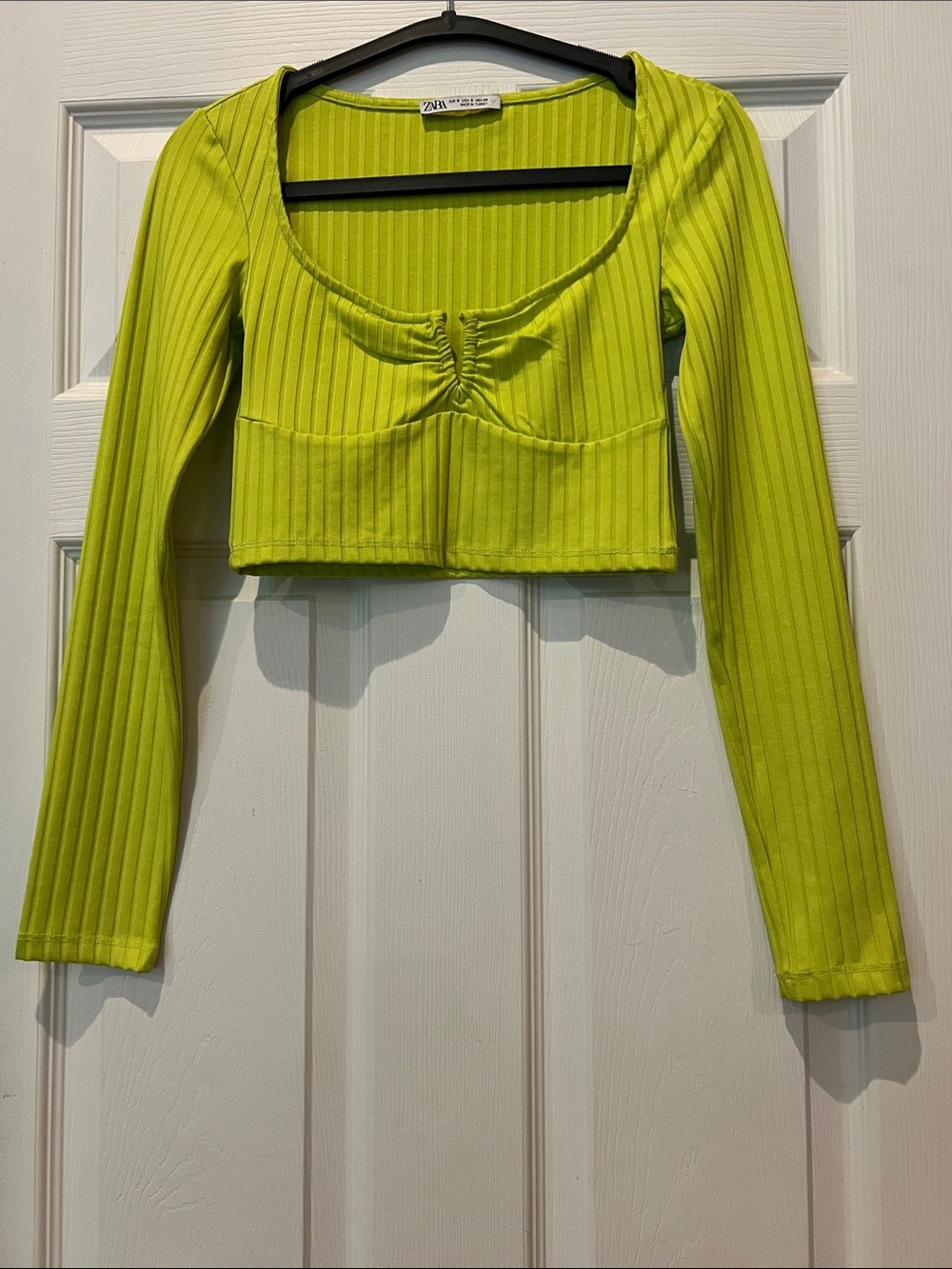Zara Neon Lime Ribbed Long-Sleeve Cropped Top